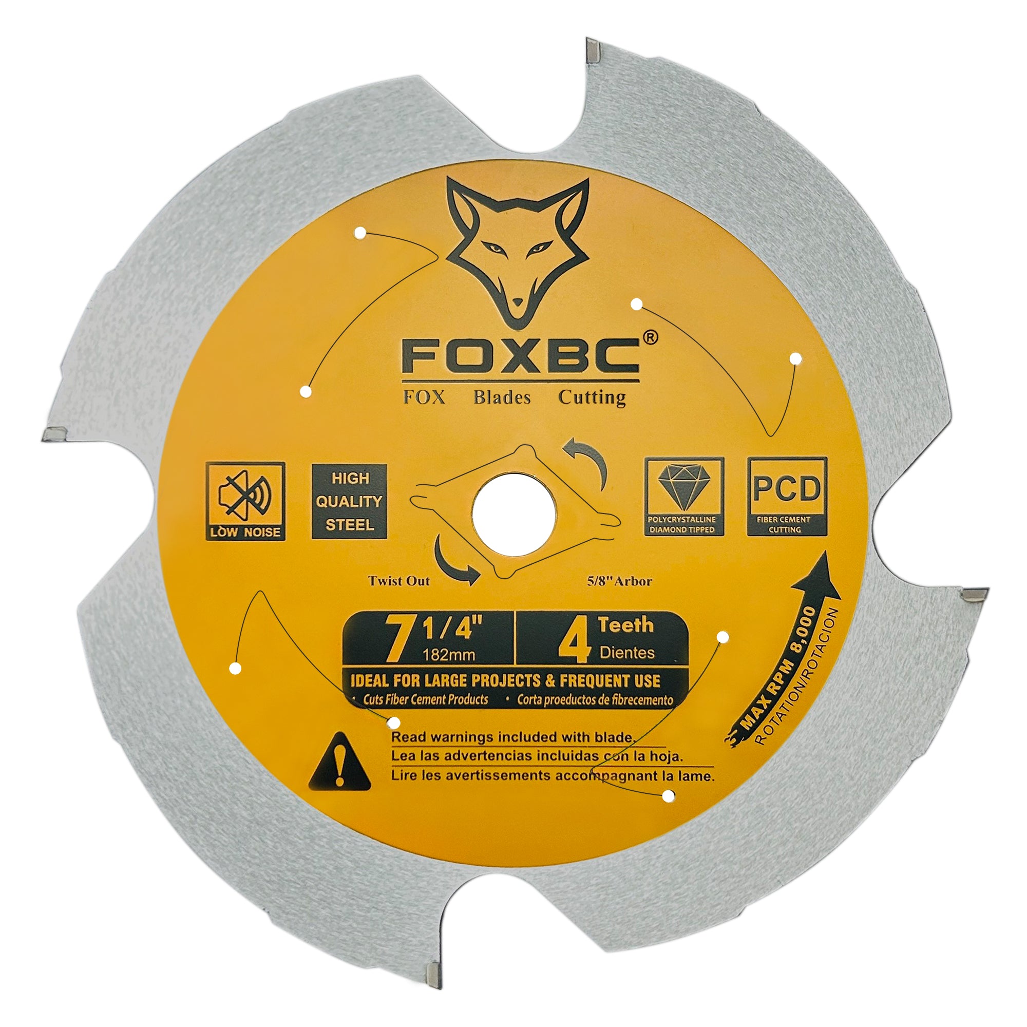 FOXBC 7-1/4 inch 4 Tooth Polycrystalline Diamond (PCD) Fiber Cement Saw Blade, 5/8 Arbor
