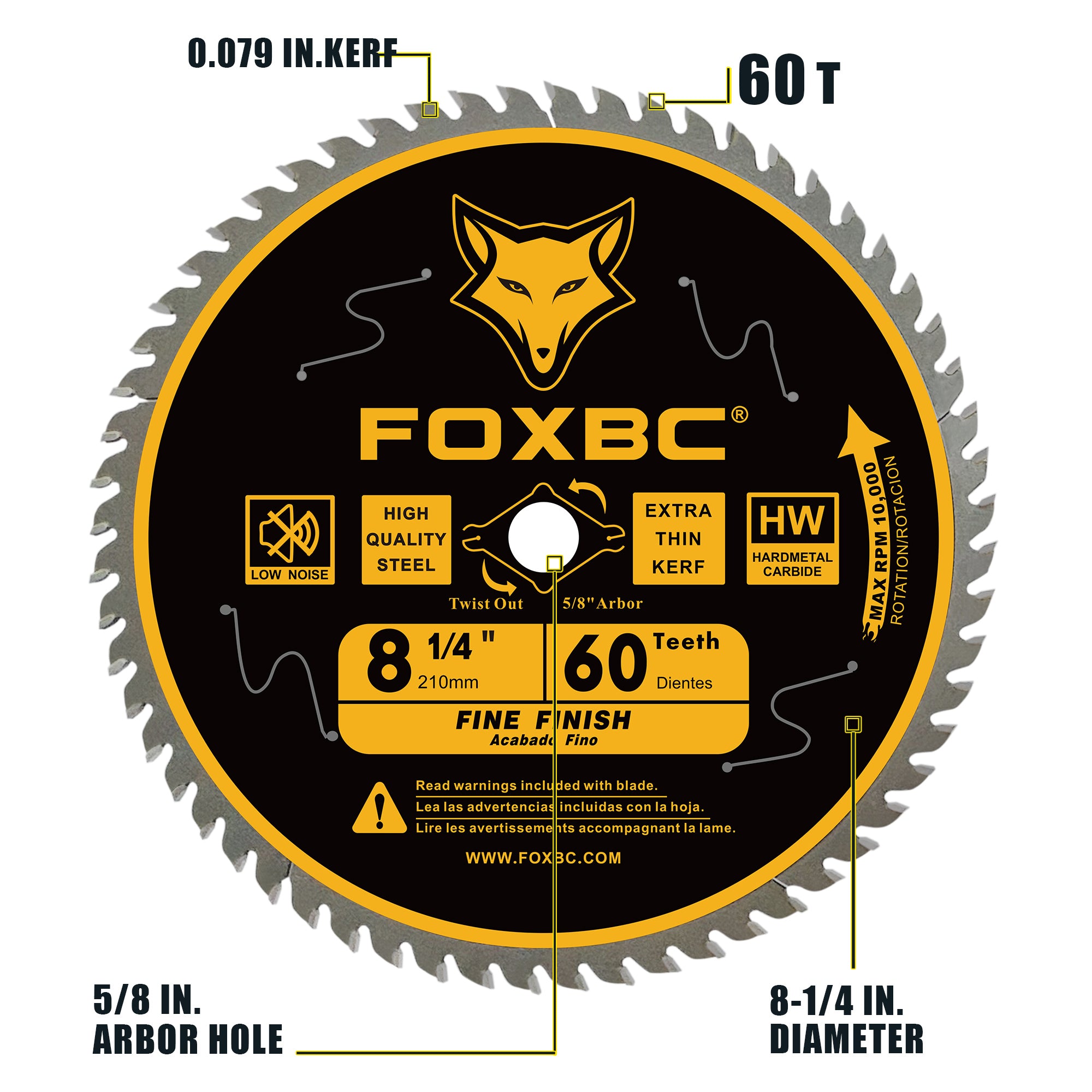 FOXBC 8-1/4 Inch Table Saw Blade 60 Tooth Fine Finish Wood Cutting with 5/8" Arbor, Diamond Knockout