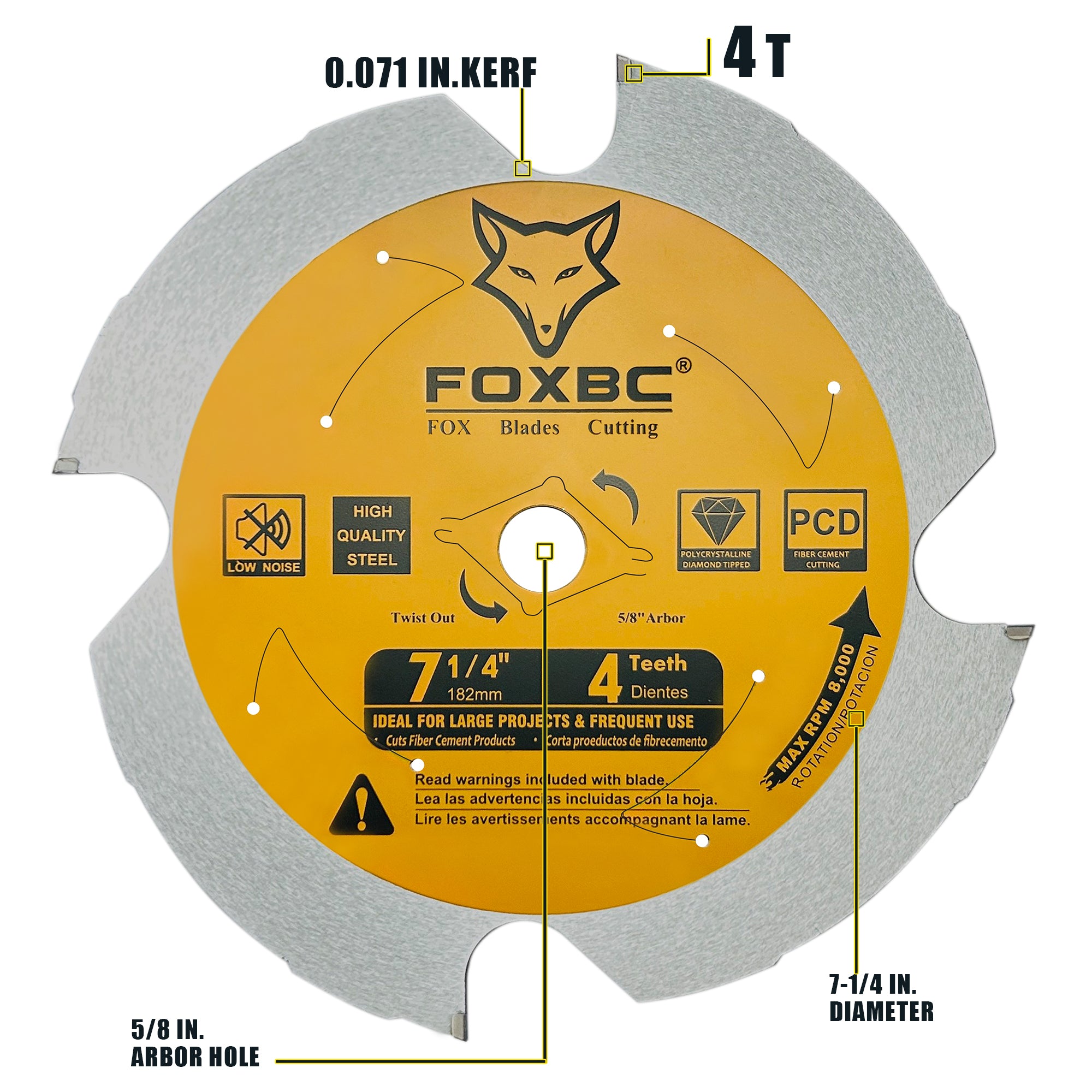 FOXBC 7-1/4 inch 4 Tooth Polycrystalline Diamond (PCD) Fiber Cement Saw Blade, 5/8 Arbor