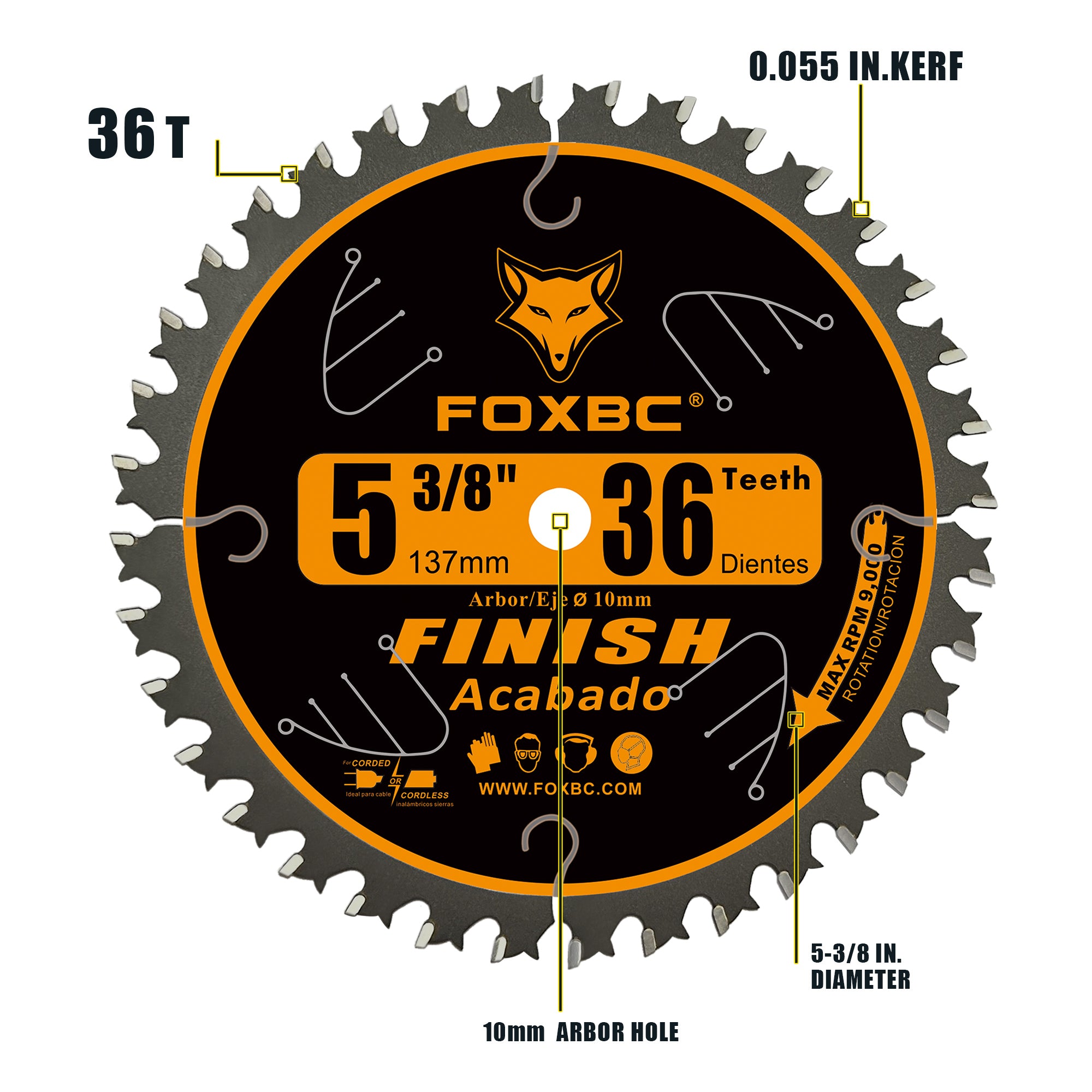 FOXBC 5-3/8 Inch Carbide Circular Saw Blade 36 Tooth Trim Finish Wood with 10mm Arbor