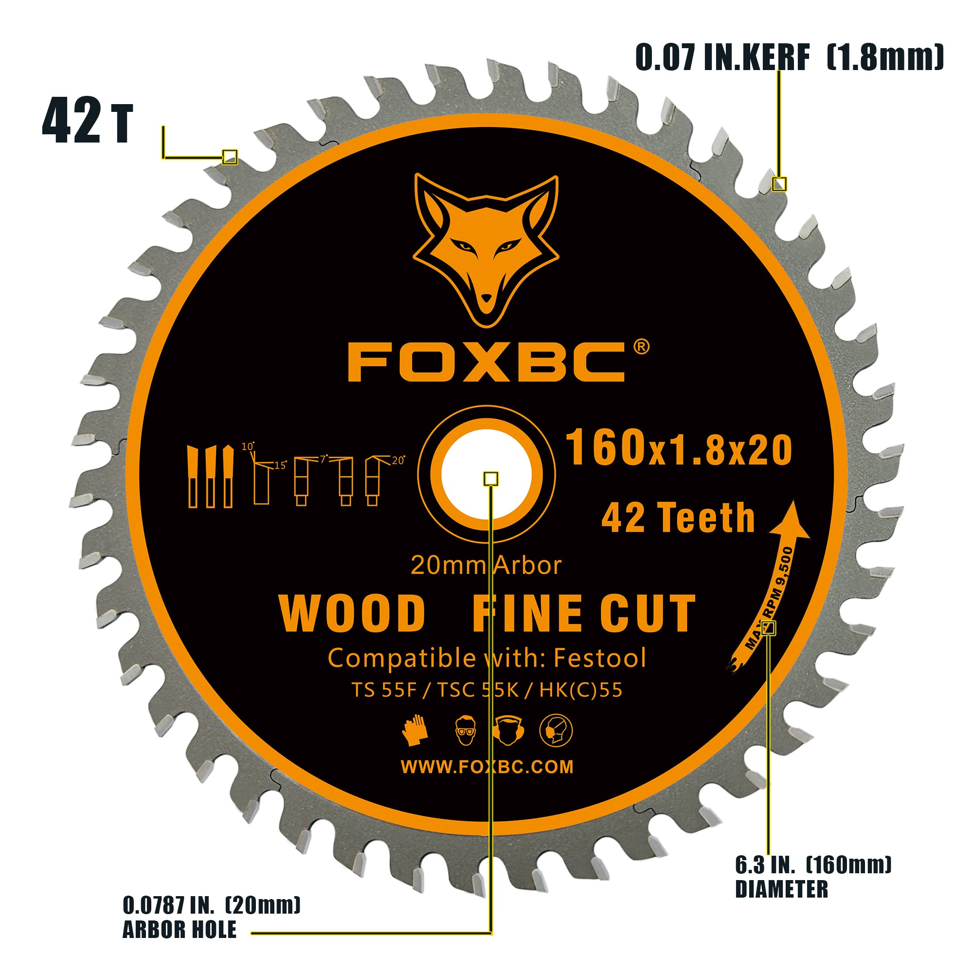 FOXBC 205561 Track Saw Blade 160x1,8x20mm WD42 Tooth Wood Fine Cut for Festool TS 55 F, TSC 55 K, HK 55 and HKC 55