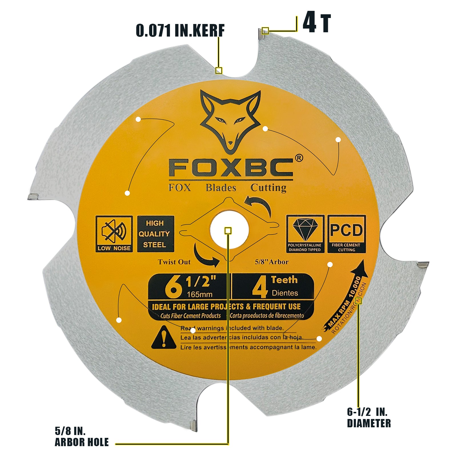FOXBC 6-1/2 inch 4 Tooth Polycrystalline Diamond (PCD) Fiber Cement Saw Blade, 5/8 Arbor