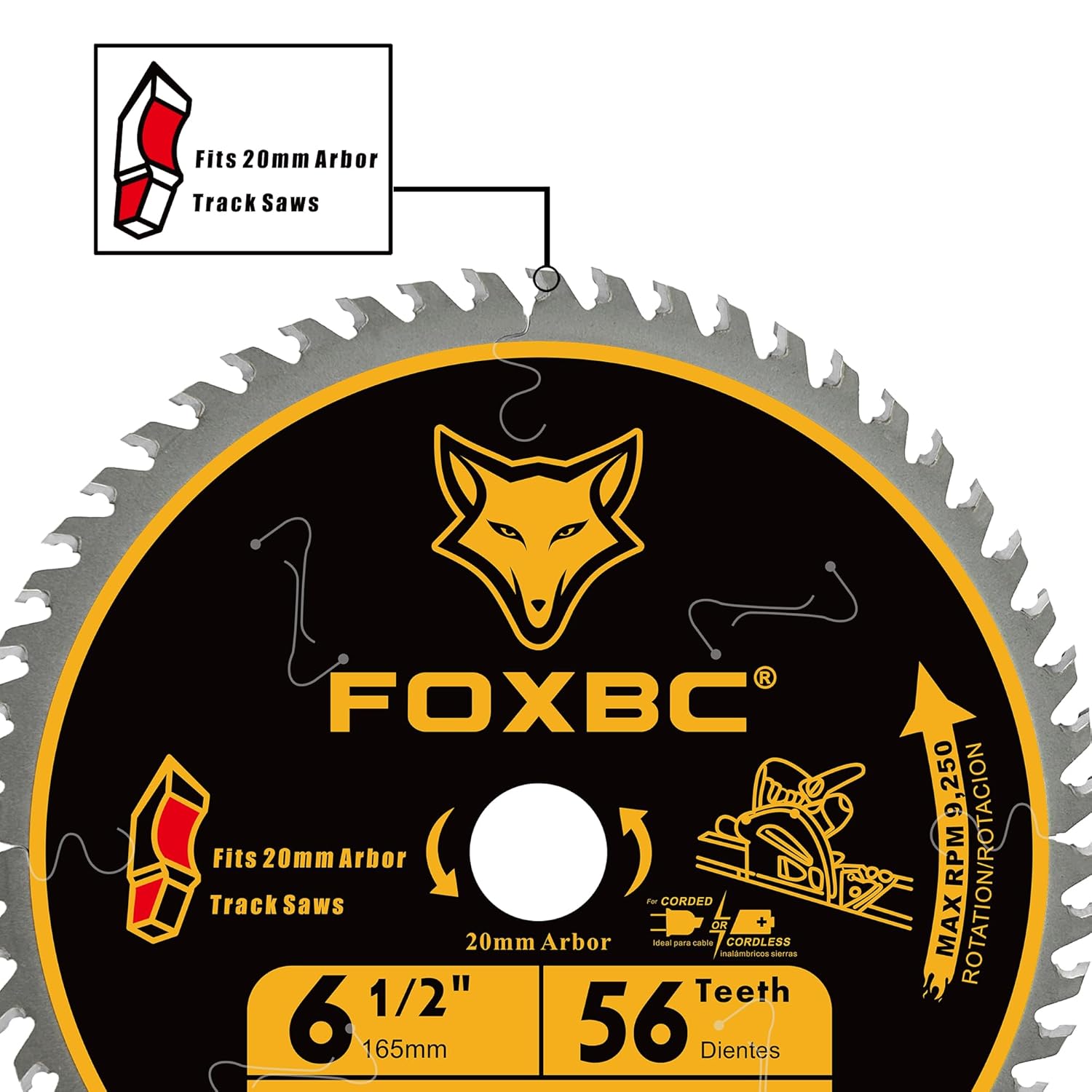 FOXBC 6-1/2 Inch Track Saw Blade 20mm Arbor 56T for Makita Plunge Saw Blade, DeWalt Track Saw, Wood Cutting, 165mm, Kerf 1.8mm