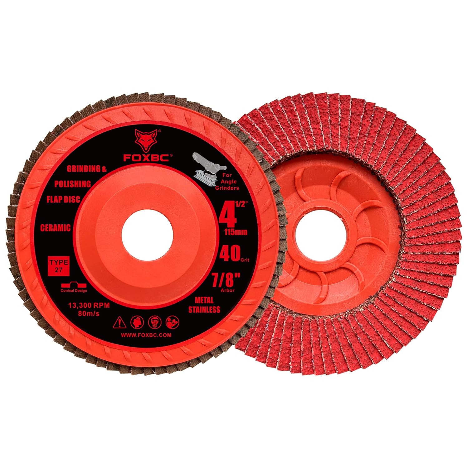 FOXBC 4-1/2 inch Ceramic Flap Disc for Angle Grinder with Speed HUB, 40 Grit, Type 27, Grinding and Polishing for Metal, 5 Pack