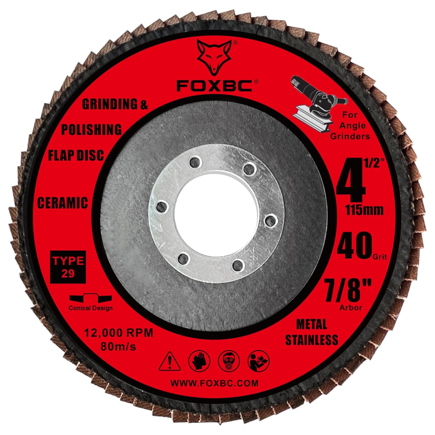 FOXBC 4-1/2 inch Flap Disc for Angle Grinder, 40 Grit, Type 29, Ceramic Grinding and Polishing for Metal, 10 Pack