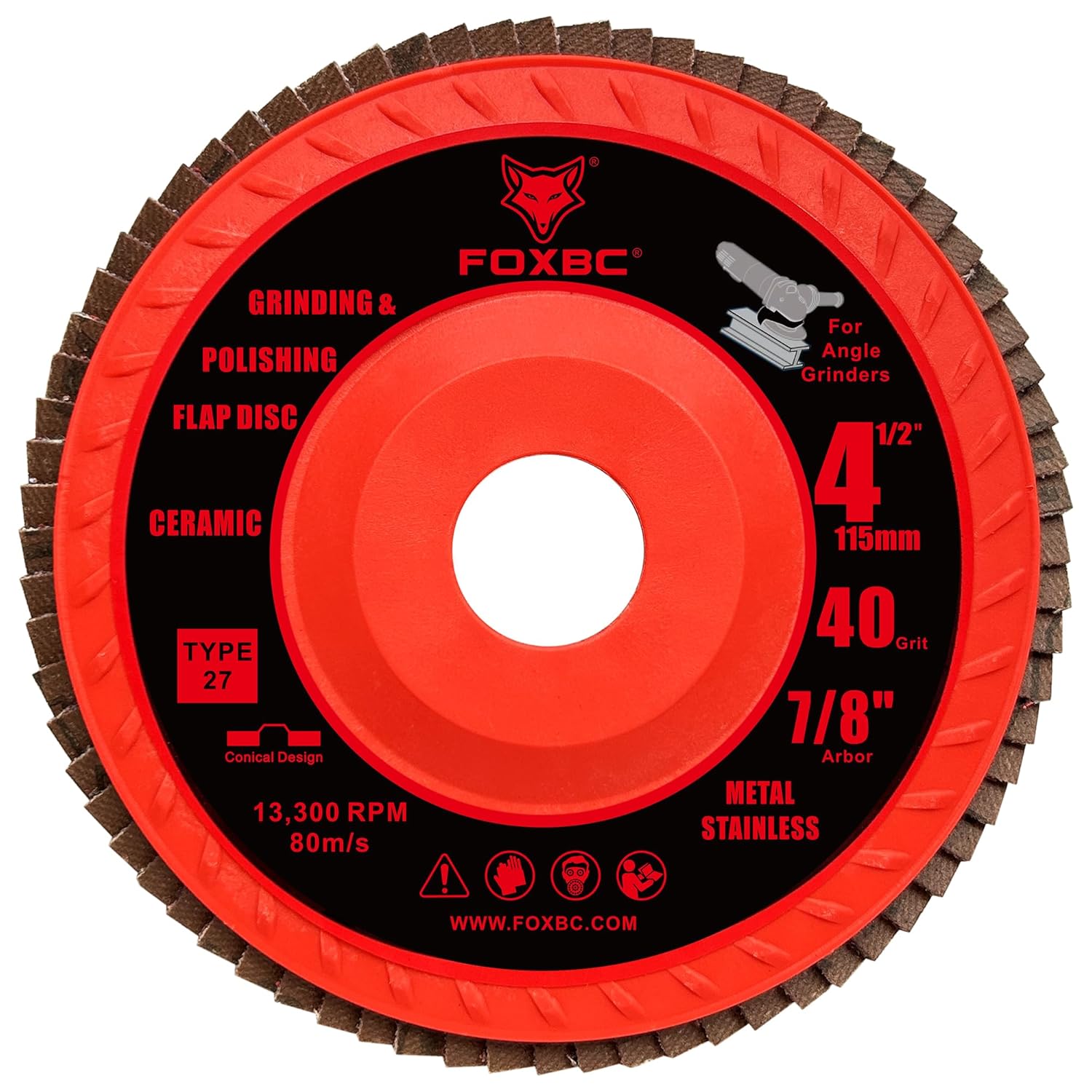 FOXBC 4-1/2 inch Ceramic Flap Disc for Angle Grinder with Speed HUB, 40 Grit, Type 27, Grinding and Polishing for Metal, 5 Pack