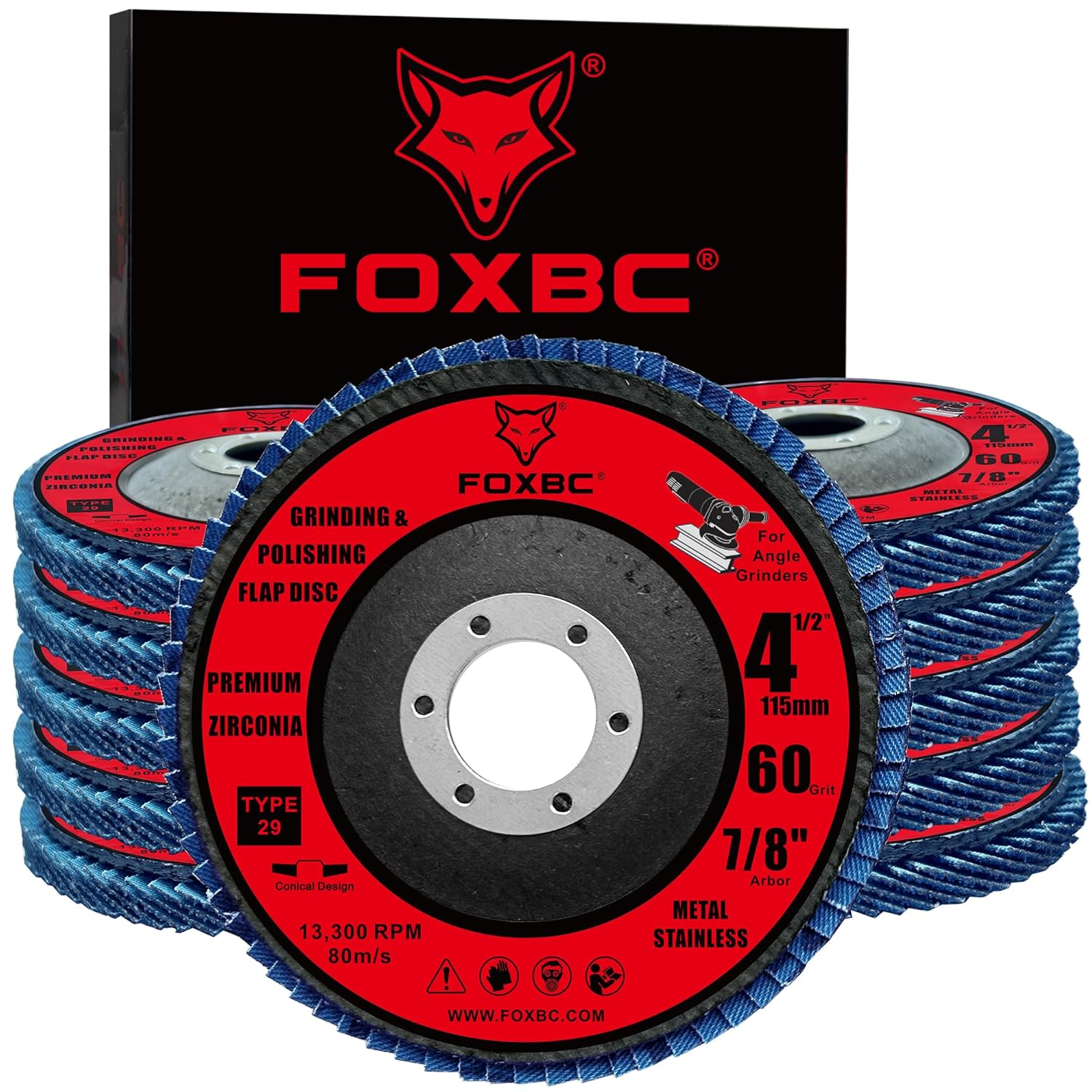 FOXBC 4-1/2 inch Flap Disc for Angle Grinder, 60 Grit, Type 29, Premium Zirconium Grinding and Polishing for Metal, 10 Pack