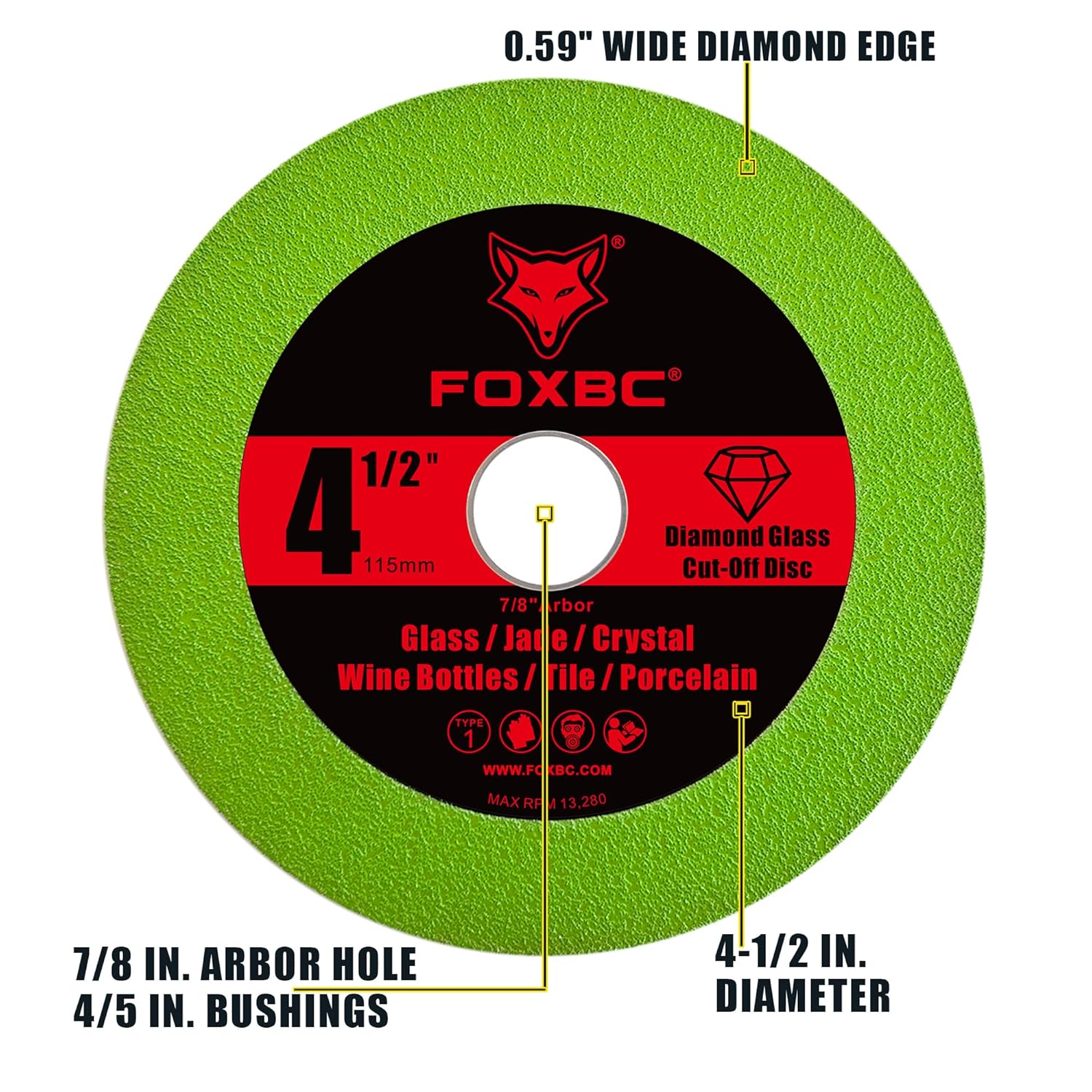 FOXBC 4-1/2 Inch Glass Cutting Disc for Angle Grinders, Diamond Saw Blades Wheel Multi-Material for Grinding Ceramic, Crystal, Tile, Wine Bottle, 7/8" Arbor - 3 Pack