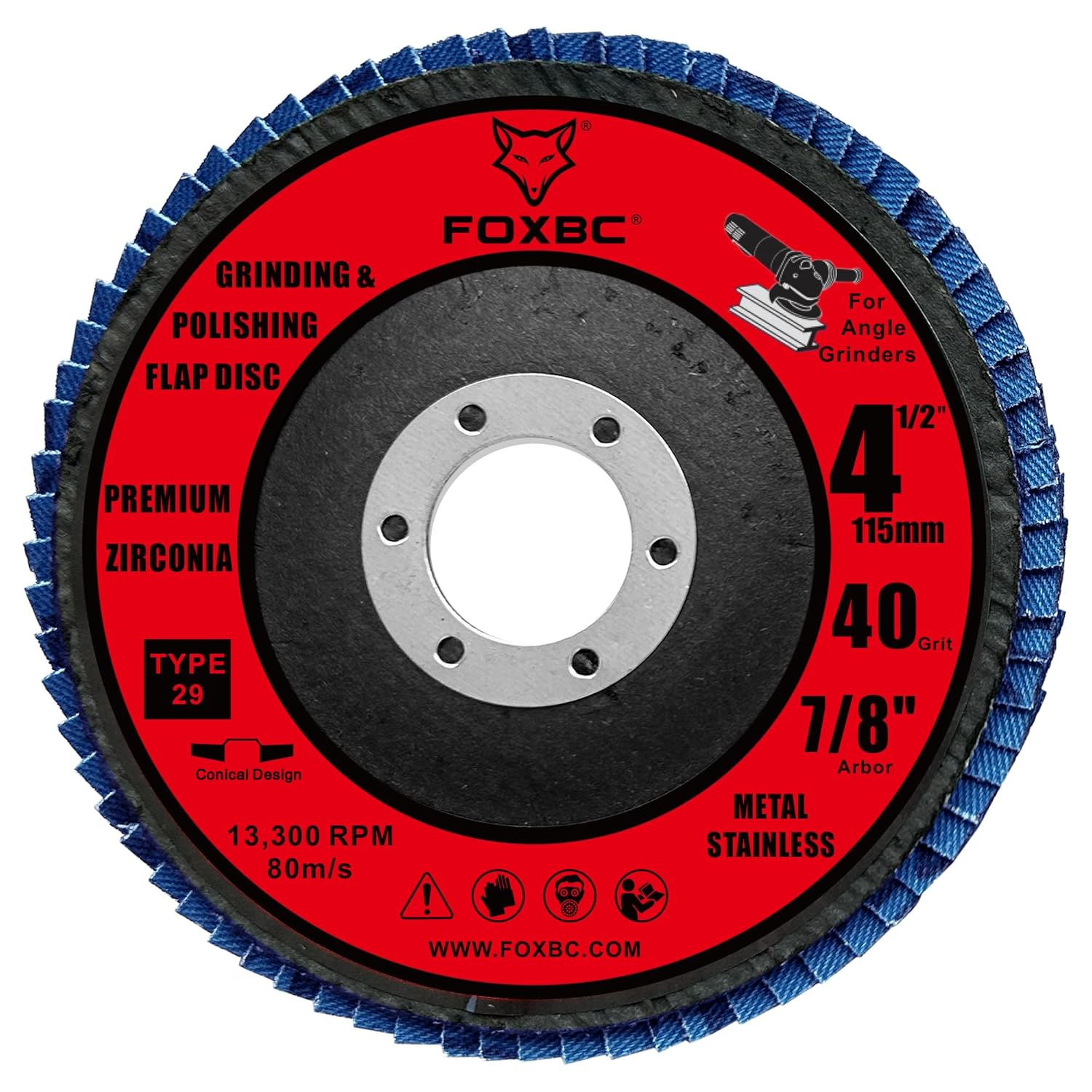 FOXBC 4-1/2 inch Flap Disc for Angle Grinder, 40 Grit, Type 29, Premium Zirconium Grinding and Polishing for Metal, 10 Pack