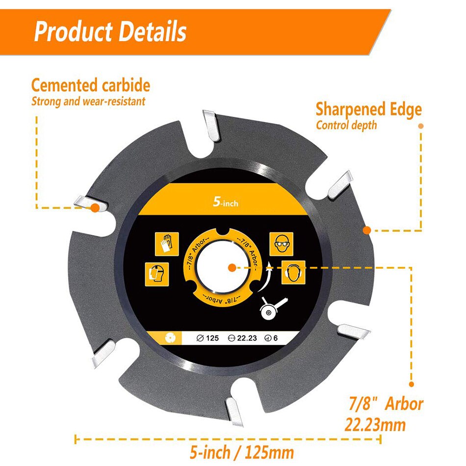 6 Teeth 5 inch Angle Grinder Wood Cutting Wheel Saw Blade Carbide Shaping Disc for Wood Carving Sculpting Shaping Cutting