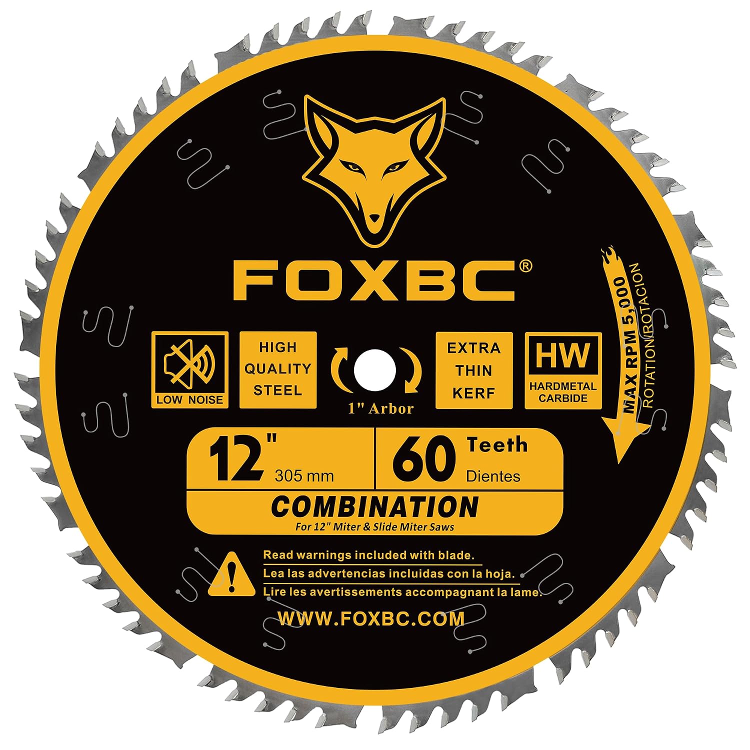 FOXBC 12 Inch Combination Miter Saw Blade, 60-Tooth, Wood Cutting with 1 Inch Arbor
